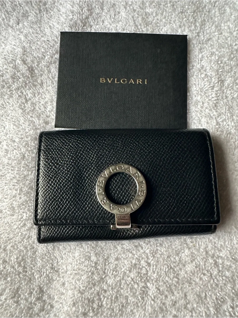 Bvlgari Black Grain Leather 3-Key Holder Case w/ Box Papers & Ribbon Auth